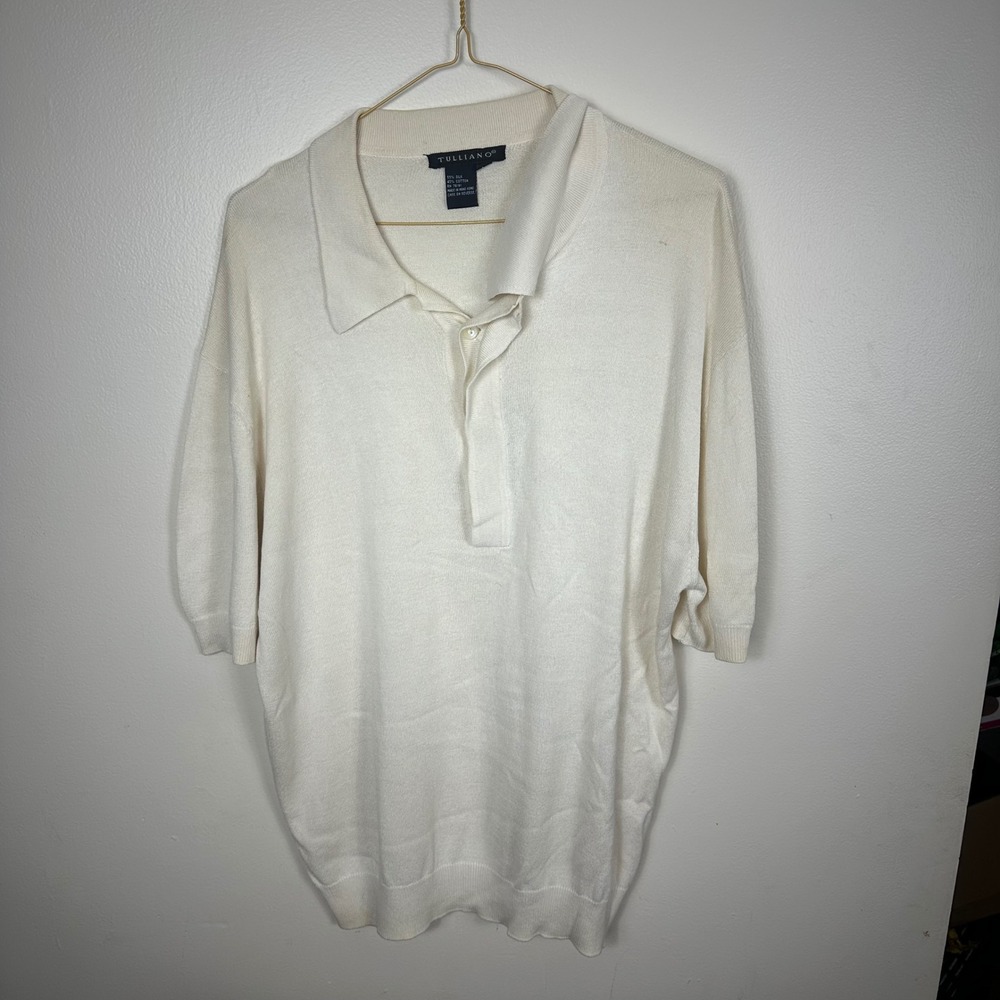 Tulliano Polo Mens Medium Cream Silk Cotton Short Sleeve Knit Sweater Shirt